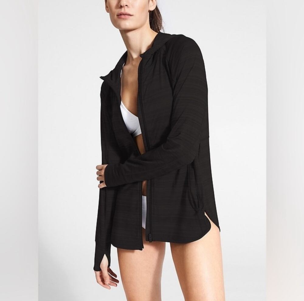 Athleta Pacifica Illume UPF Relaxed Hooded Jacket Size XL | Black #657489 EUC